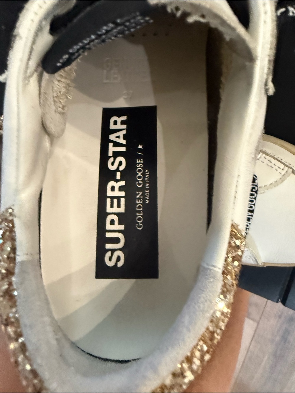 Golden Goose Super-Star Sneakers in White with Gold Glitter Heel - Picture 4 of 6